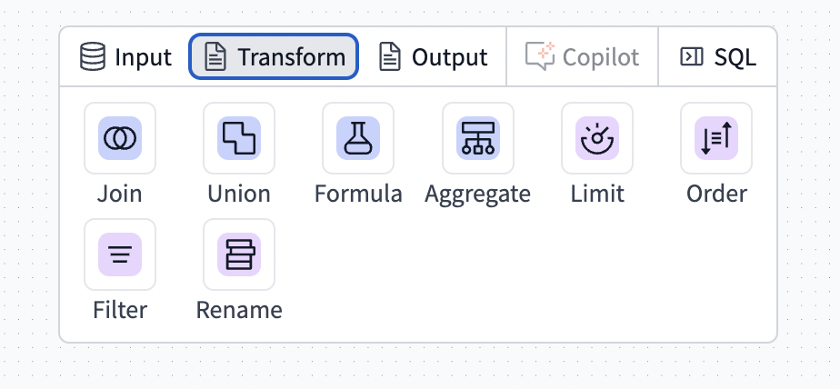 The operator toolbar allows you to select different nodes to configure or perform specific tasks, like adding filters or joining models.